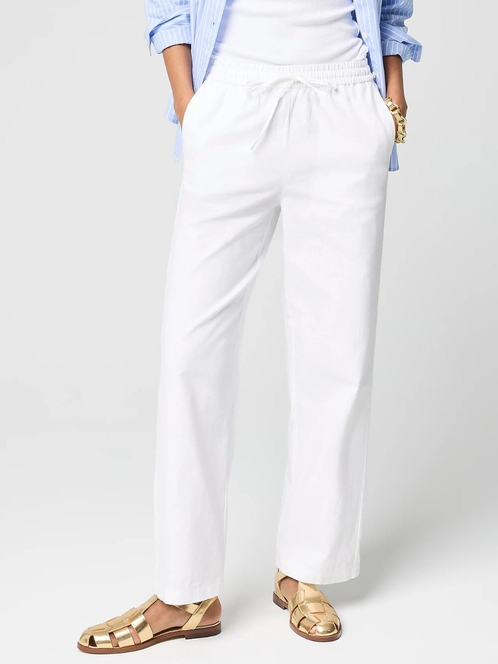 J Crew Women's Linen White Drawstring Wide-Leg Pants Size 14